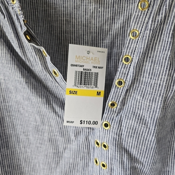 $110 Michael Kors Linen Blend Blouse Sz M White Blue Women Striped 3/4 Sleeves - Picture 10 of 13